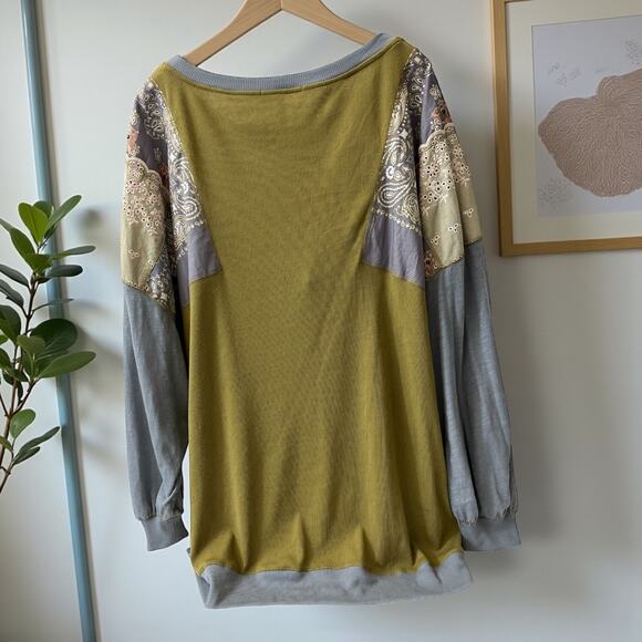 We The Free Free People Women’s Top Olive Green Patchwork Long Sleeve Size L - Picture 3 of 6